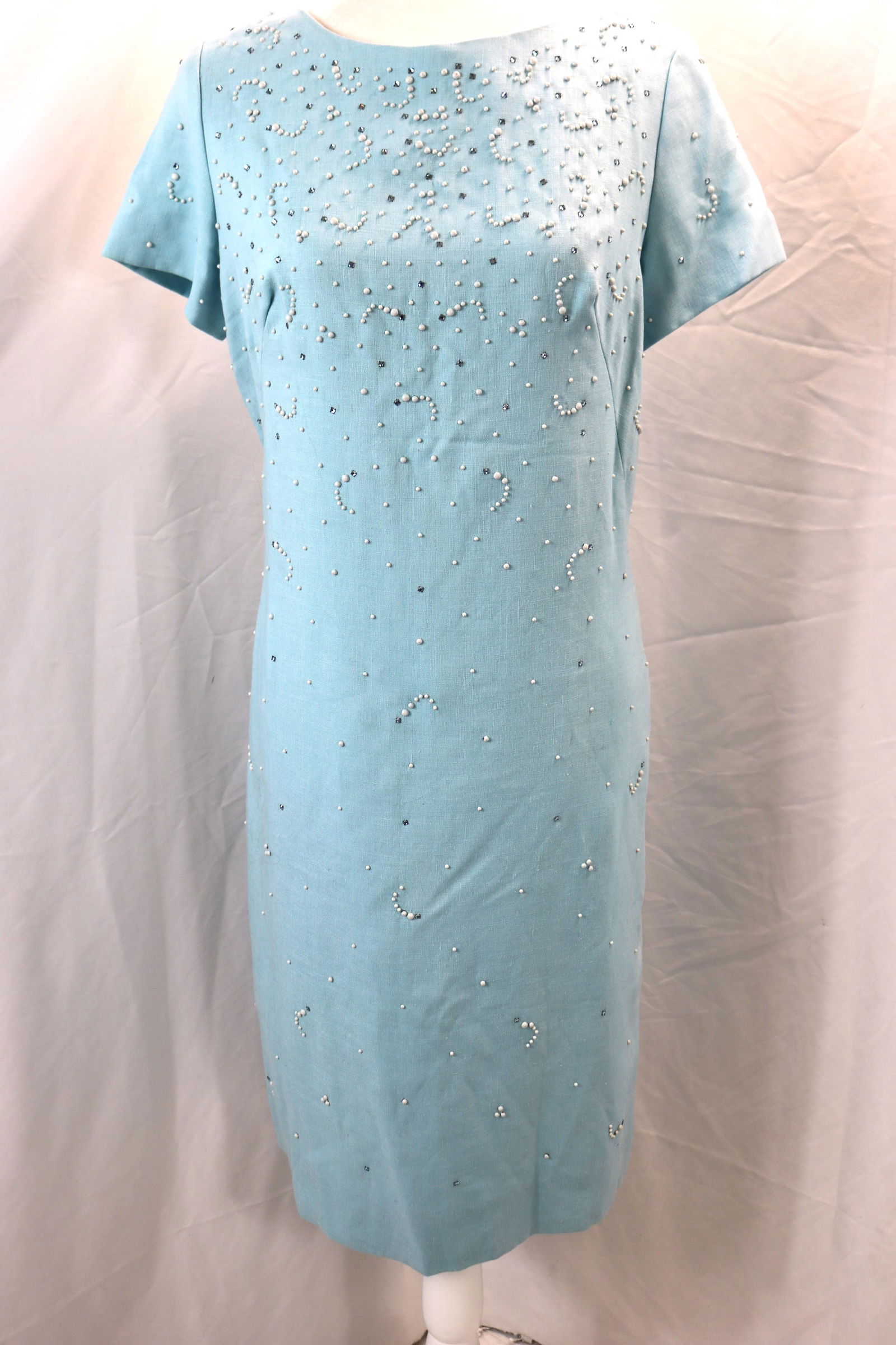 Vintage 1960's Blue Linen Beaded & Rhinestone Shift (1 of 7)