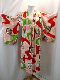 Vintage 1940's Silk Kimono Bright Red, Pink & Green