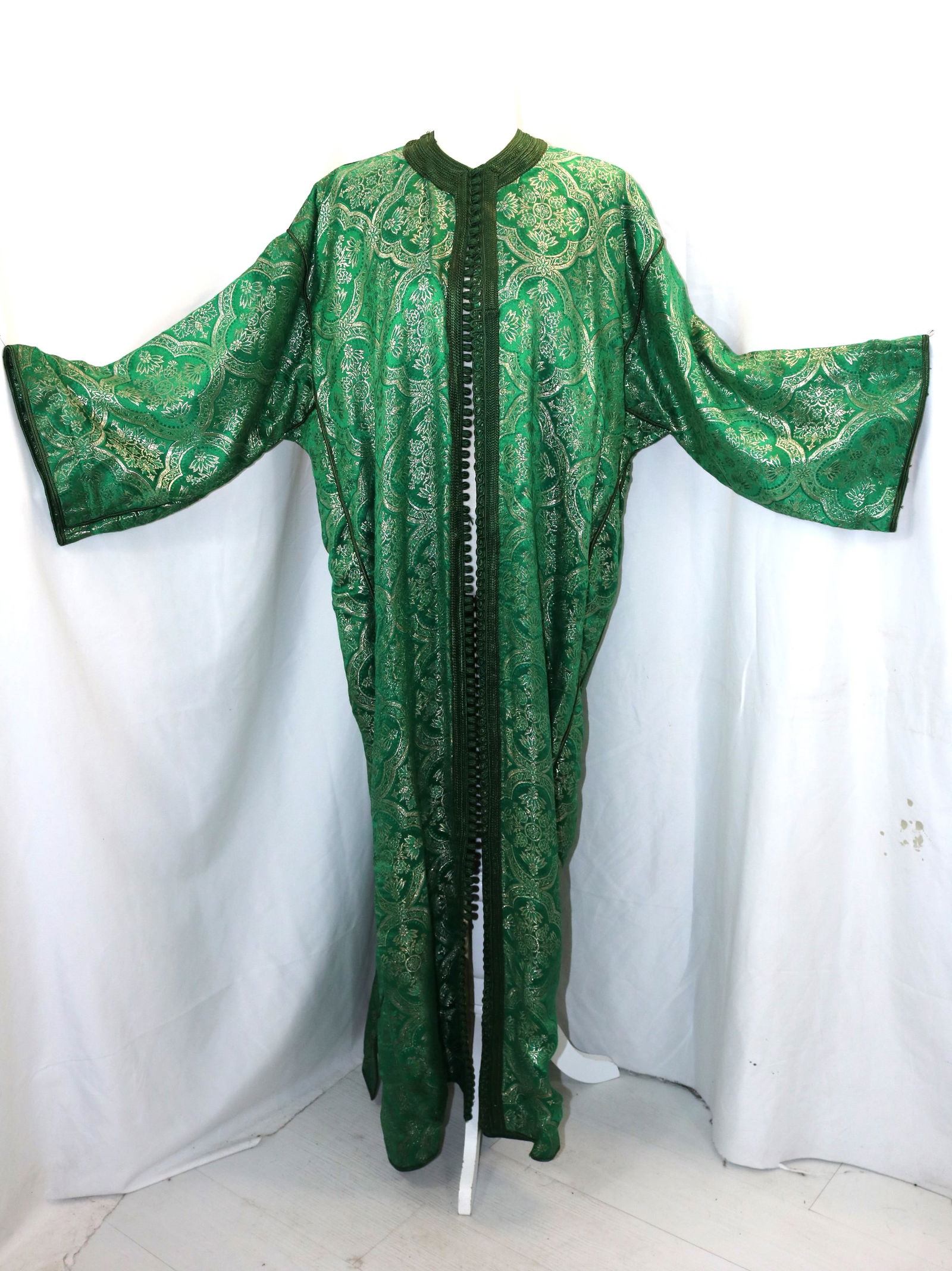 Vintage Green & Silver Metallic Moroccan Caftan with Soutache Loop Buttons & Trim (1 of 10)