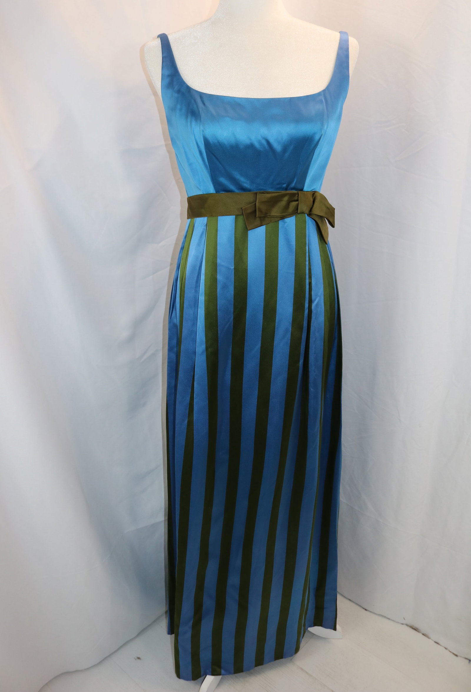 Vintage 1960's Green & Blue Stripe Satin Gown: approx. 34 bust, 26 waist, small hole and tiny fabric pulls, see photo's