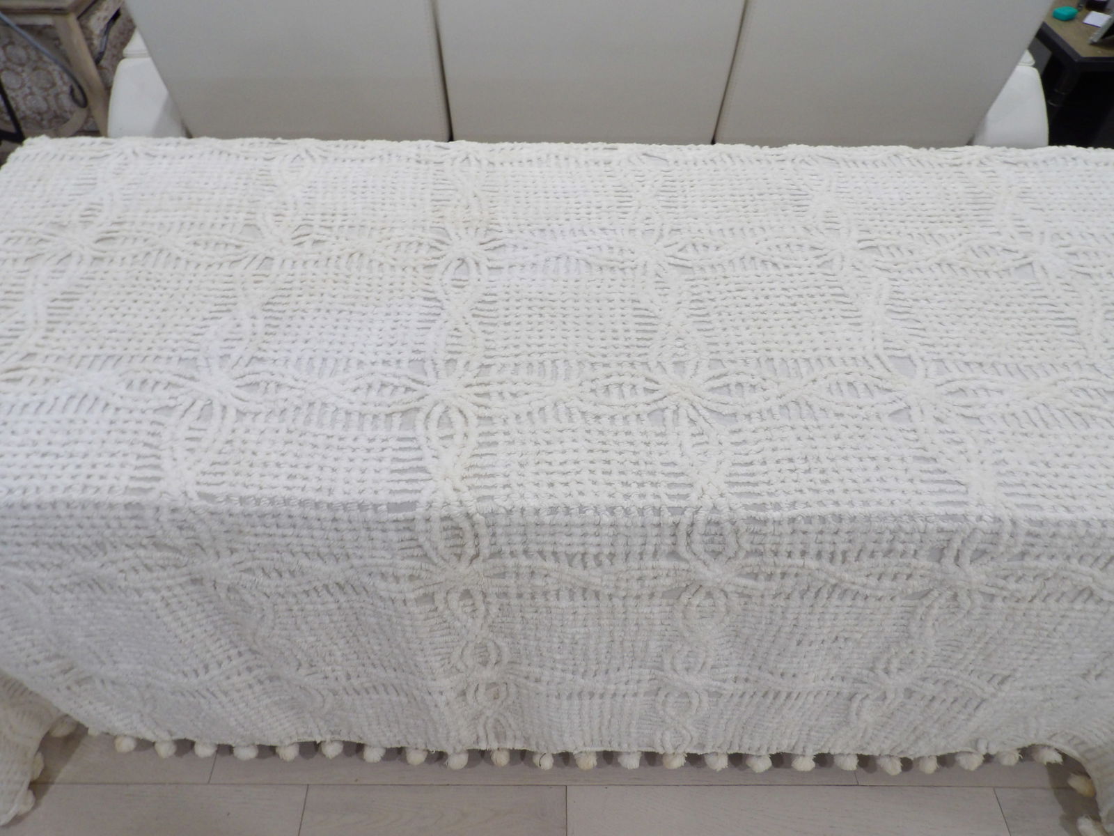 Large White Vintage Chenille Bedspread with Pom-pom Trim (1 of 6)