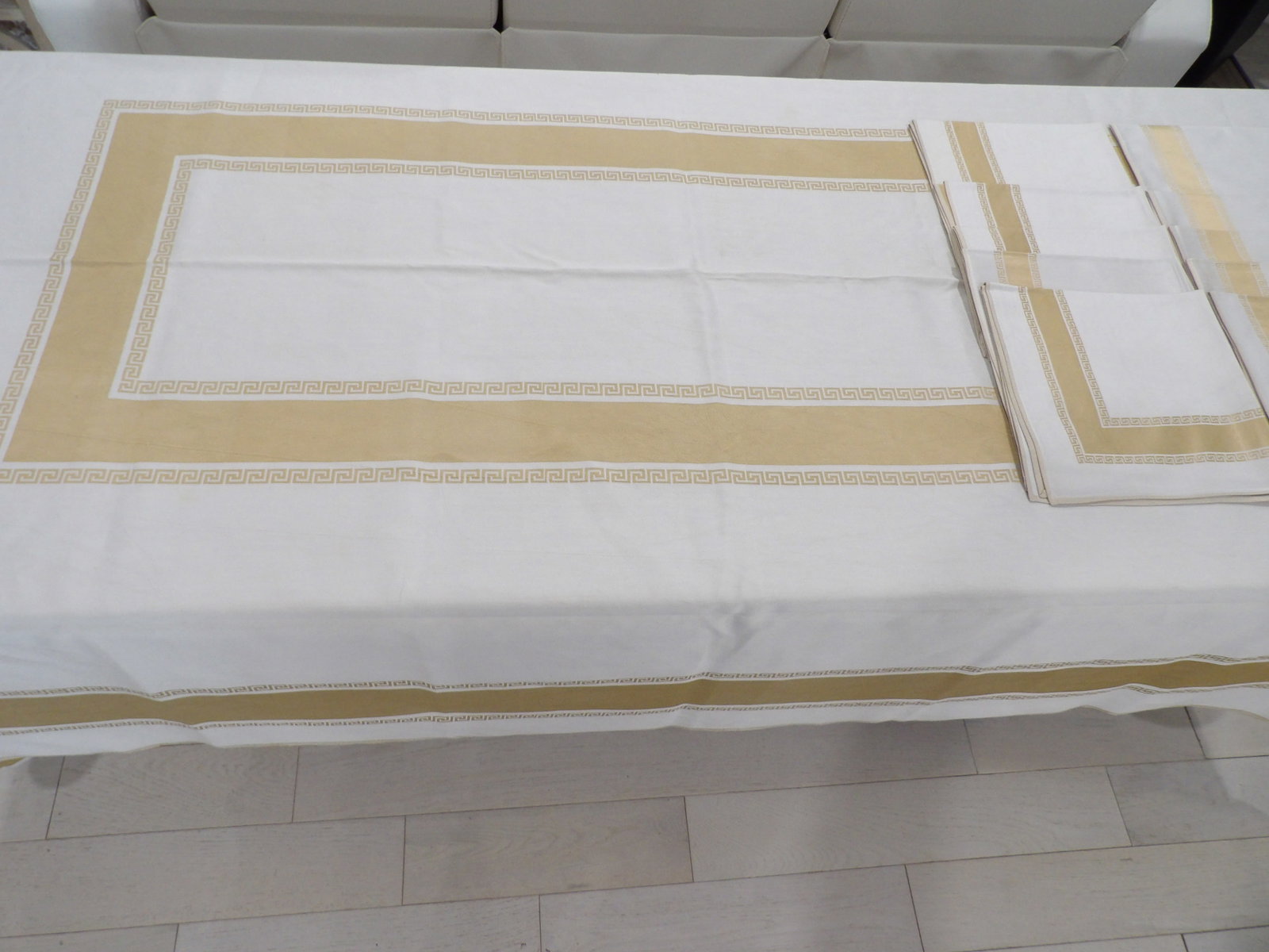 Vintage Gold & Ecru Damask Tablecloth with 10 Napkins (1 of 12)