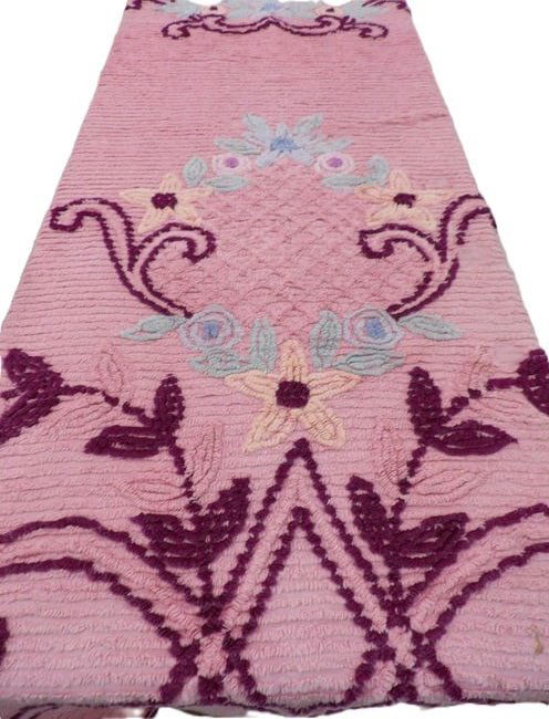 Vintage Pink Chenille & Floral Bedspread, 98 x 88 (1 of 8)