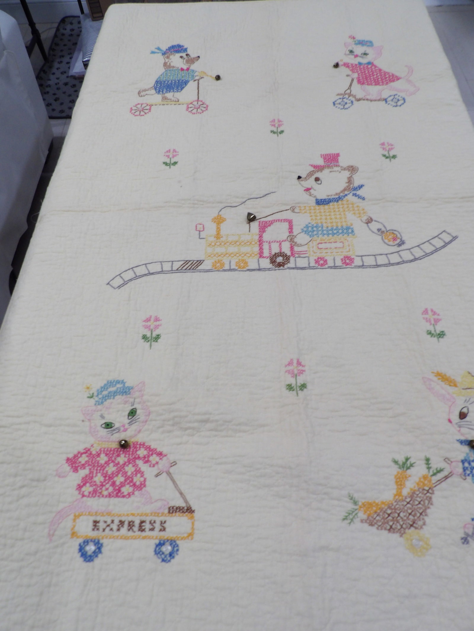 Vintage Hand Stitched Baby Quilt with Animals, Train & Bells, 35 x 56 (1 of 8)