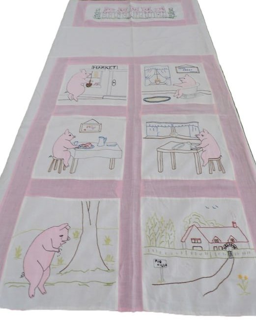 Vintage Little Pigs Quilt Top/ Summer Spread, 84 x 60, Hand Made (1 of 12)