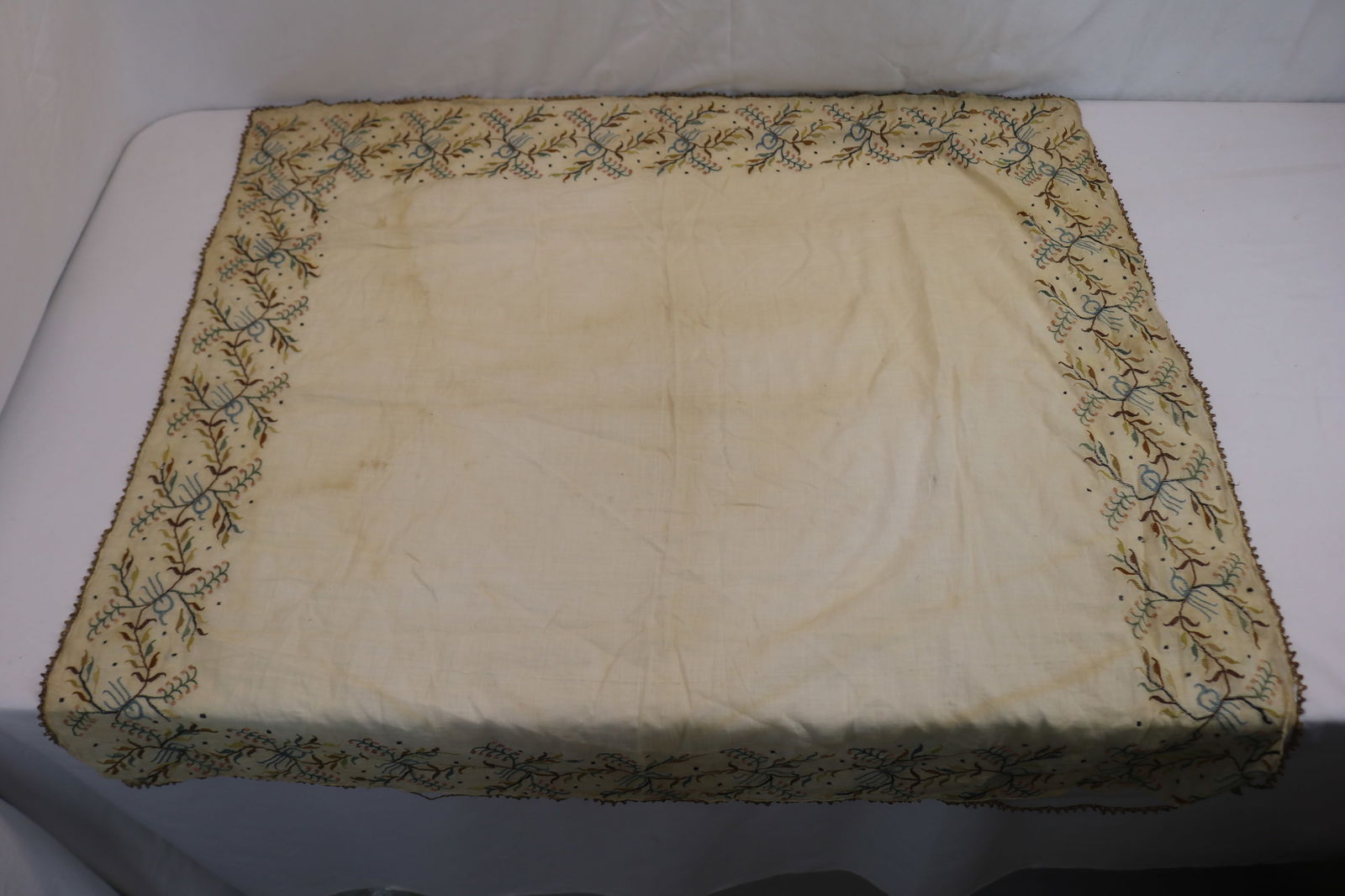 Antique Hand Stitched Table Square with Metallic Thread, 36 square: see photo's