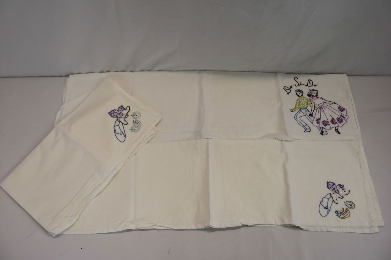 Lot of 3 Vintage Flour Sack Kitchen Towels Embroidered Square Dance Theme (1 of 6)