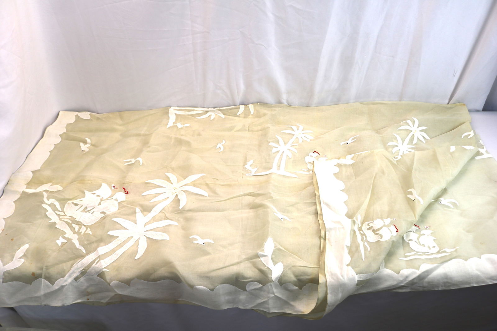 Large Vintage Applique & Embroidered Tablecloth with Palm Trees, Ships & Birds (1 of 6)