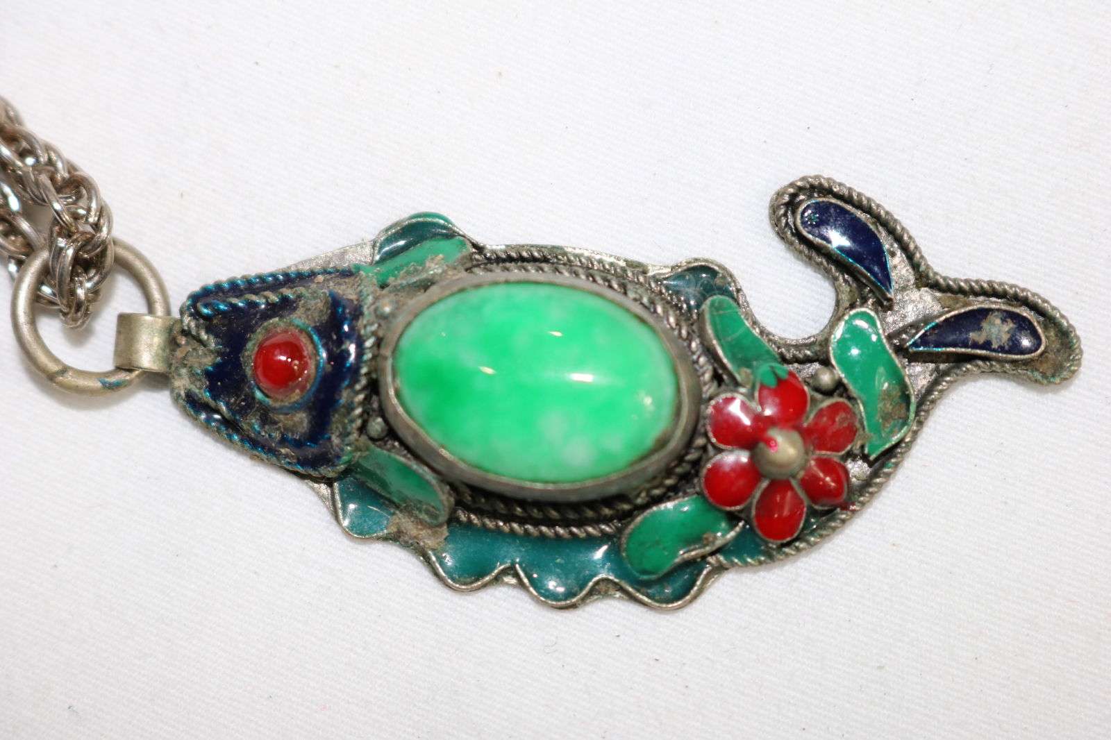 Vintage Jade & Enamel Fish Pendant & Chain (1 of 2)