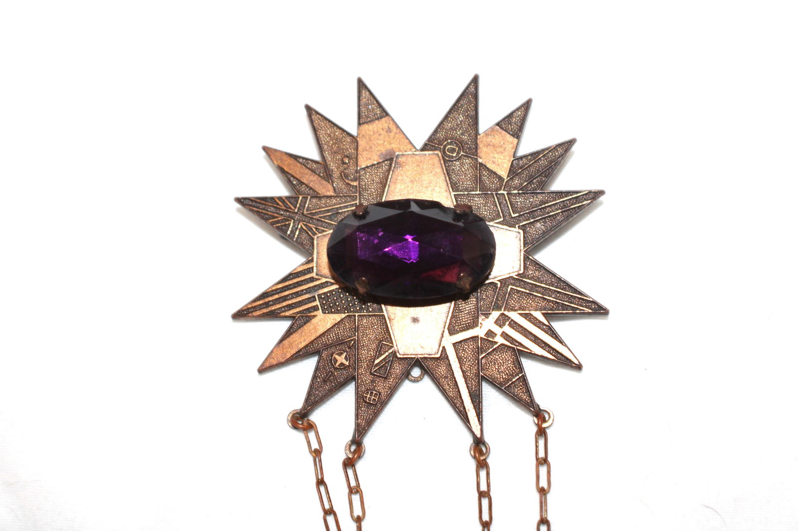 Antique Copper/Bronze Starburst Brooch with Large Purple Amethyst Faceted Stone (1 of 3)