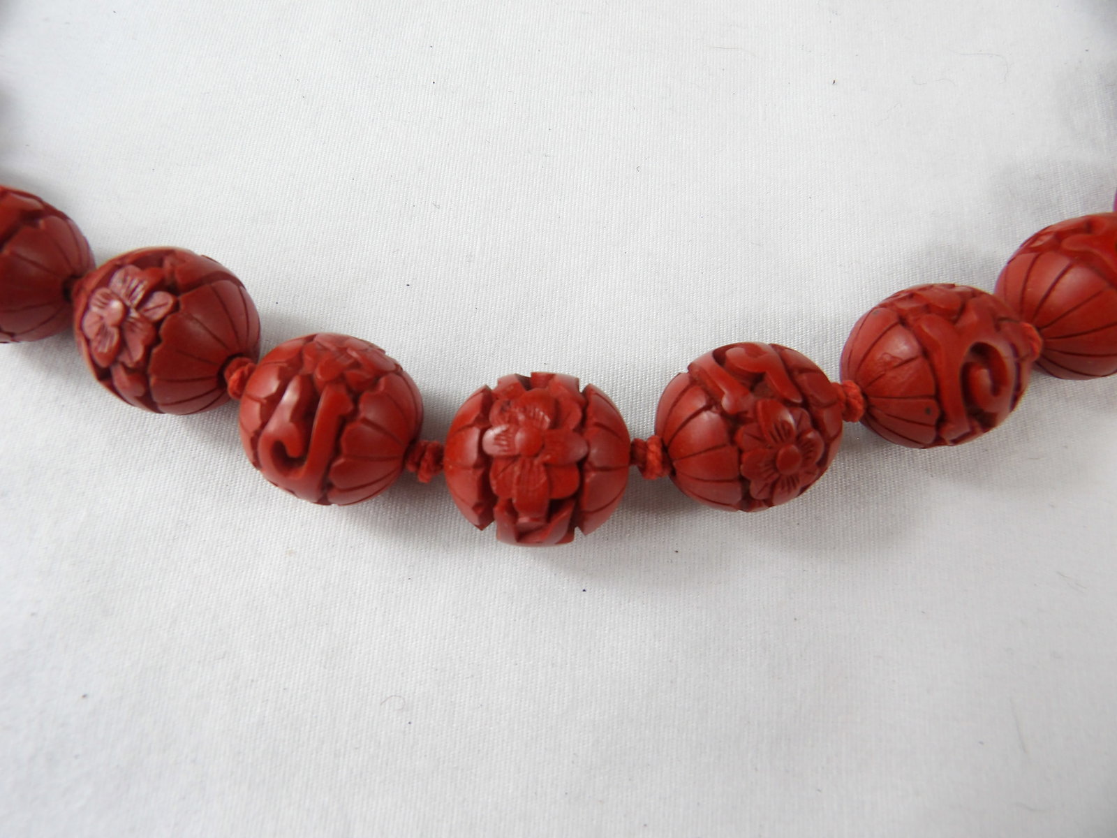 Antique Silver & Cinnabar Carved Beaded Necklace: approx. 27 1/2 inches, see photo's