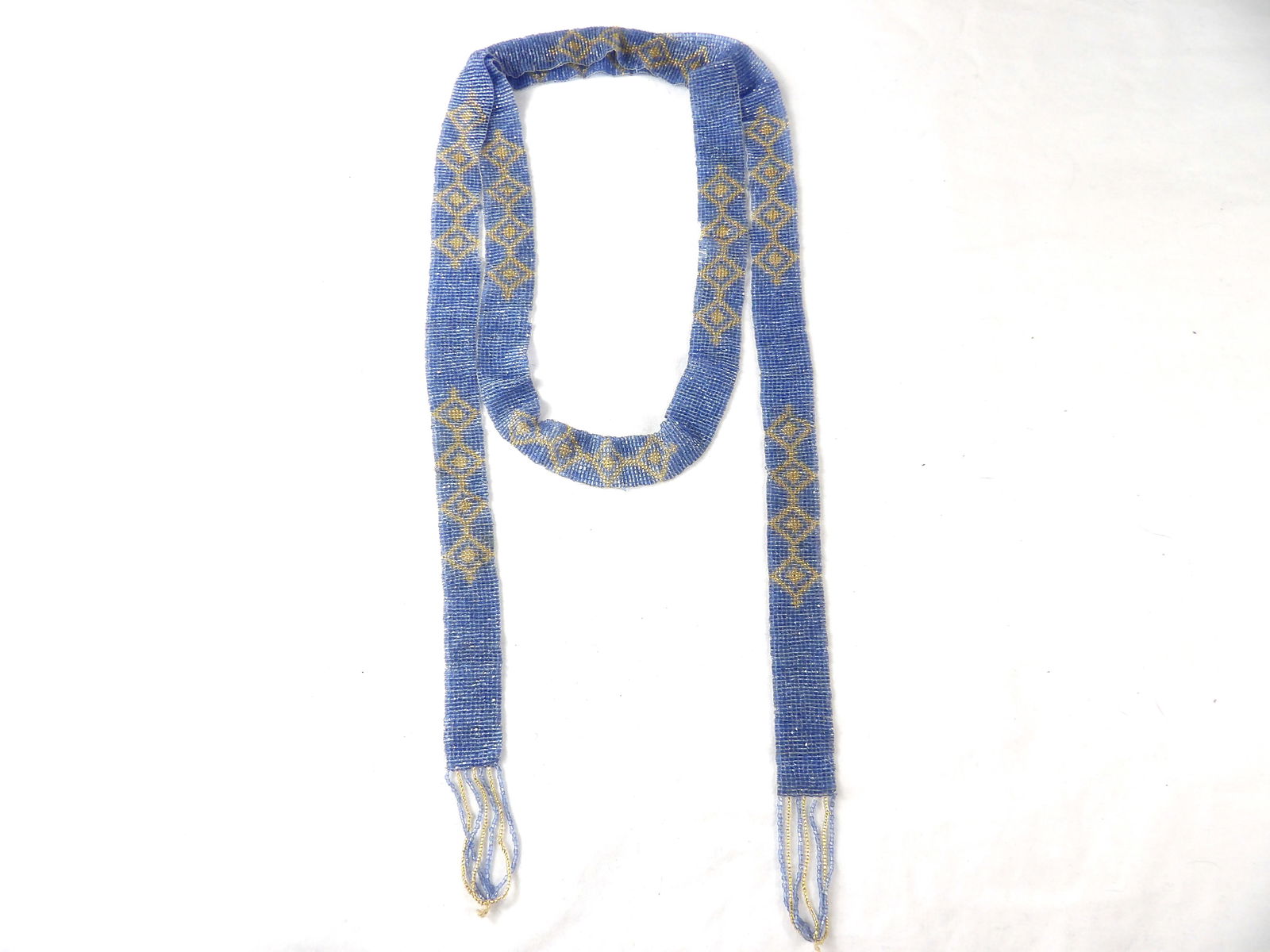 Vintage 1920's Flapper Beaded Lariat Necklace with Tassels, Blue & Gold (1 of 4)