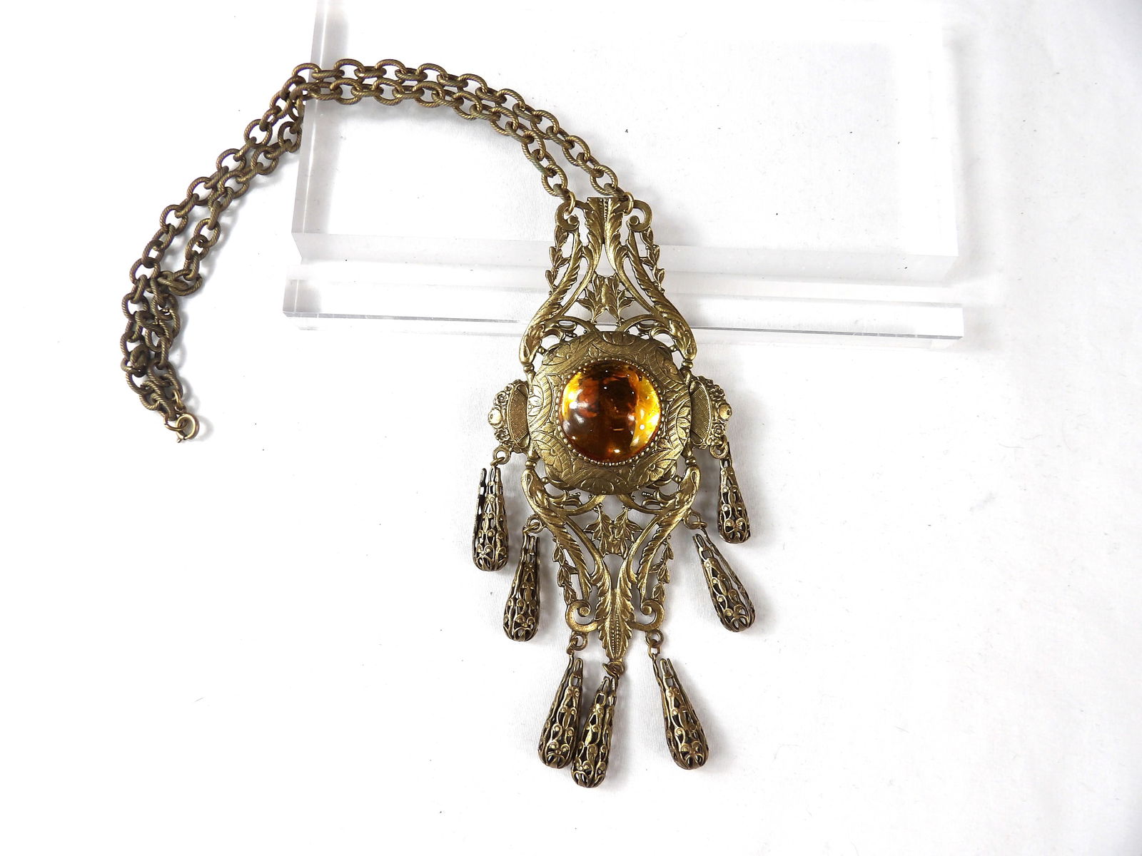 Vintage Art Neauvoe Etched Gold Tone Statement Necklace with Gold Center Stone (1 of 4)