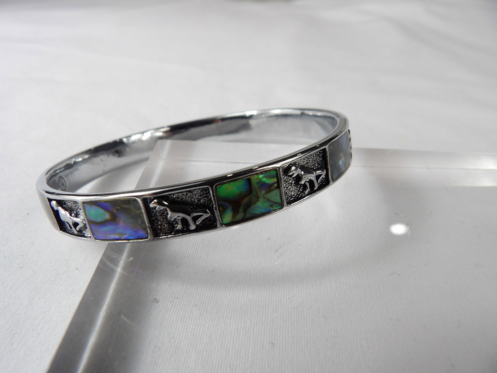 Vintage Abalone Inlay Bracelet with Animal: approx. 2 1/2 inch inside measurement, see photo's