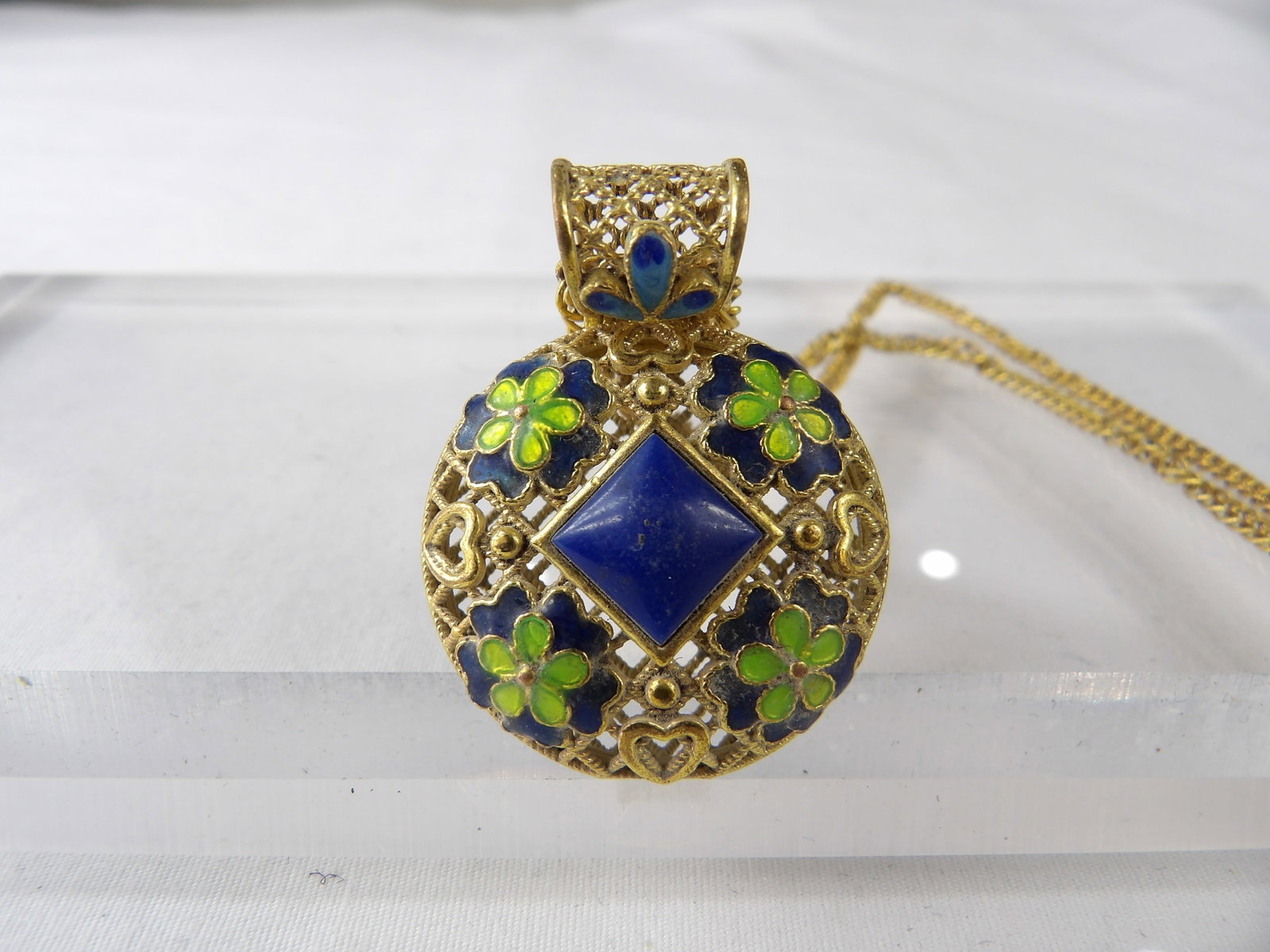 Vintage Gold Tone Etched Fret Work & Enamel Painted Locket & Chain: approx. 1 1/4 locket, 16 inch chain, see photo's