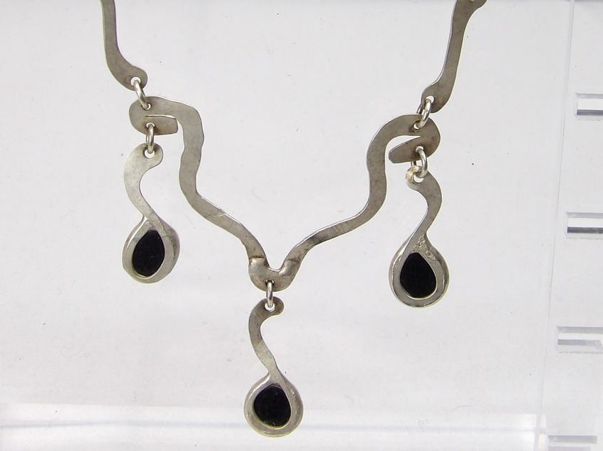Vintage Artist Industrial Chic/Modernist Reticulated Necklace with Black Glass Beads: approx. 16 inches, see photo's
