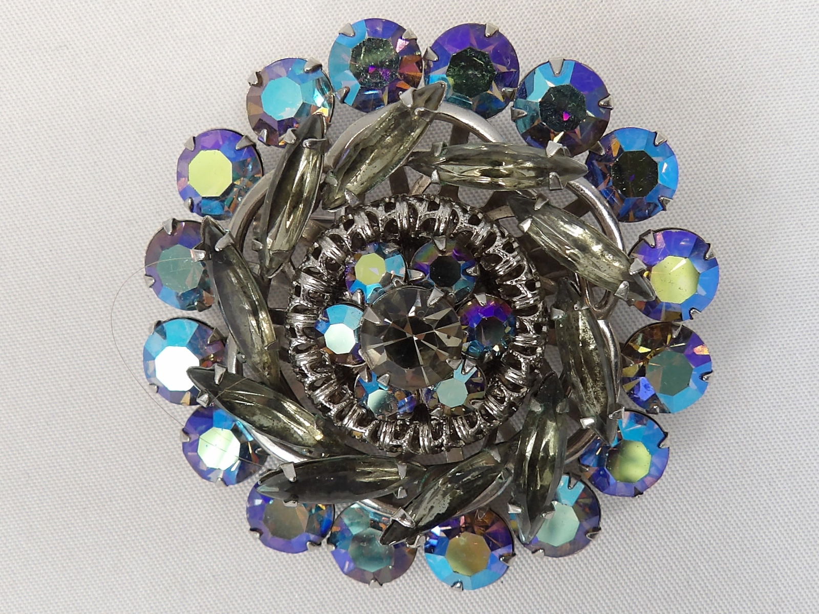Large Vintage Blue Carnival Glass Iridescent Layered Brooch (1 of 4)