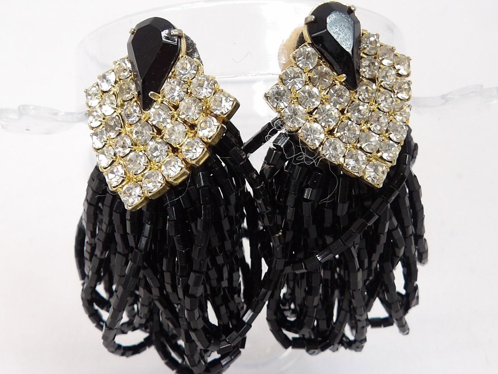 Vintage 1980's Black Jet Glass Beaded Earrings with Crystal Rondelle Dangles (1 of 5)