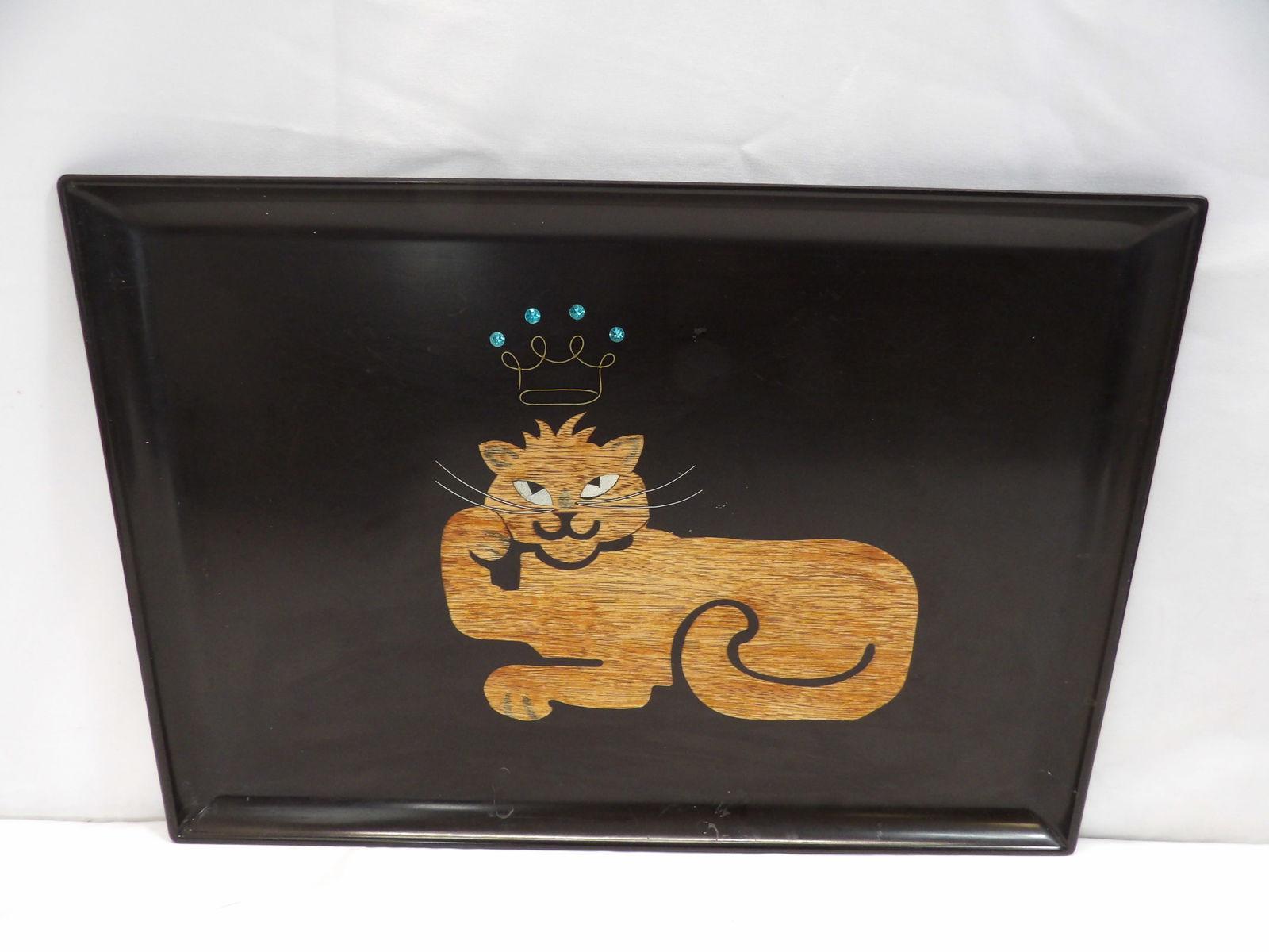 Mid-Century Couroc Inlay Metal & Wood Cat with Crown Tray (1 of 5)