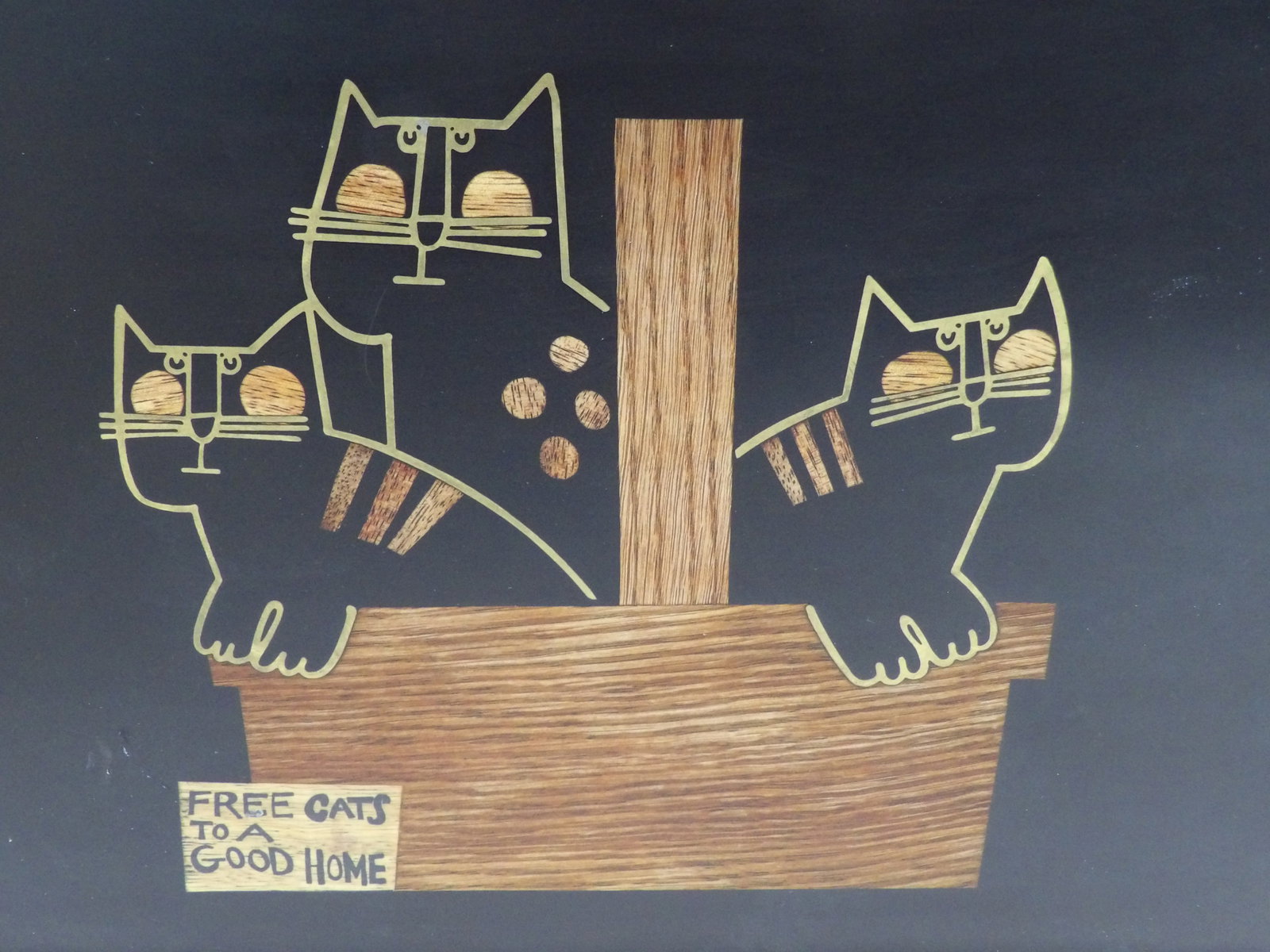 Mid-Century Couroc Inlay Metal & Wood Basket of Kittens Tray: approx. 12 1/4 x 18, see photo's