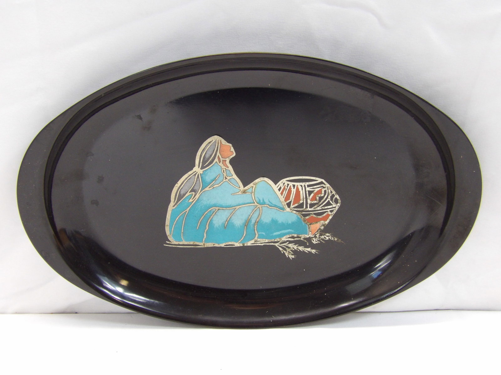 Vintage Couroc Oval Tray with Mexican Woman: approx. 14 3/4 x 10, see photo's