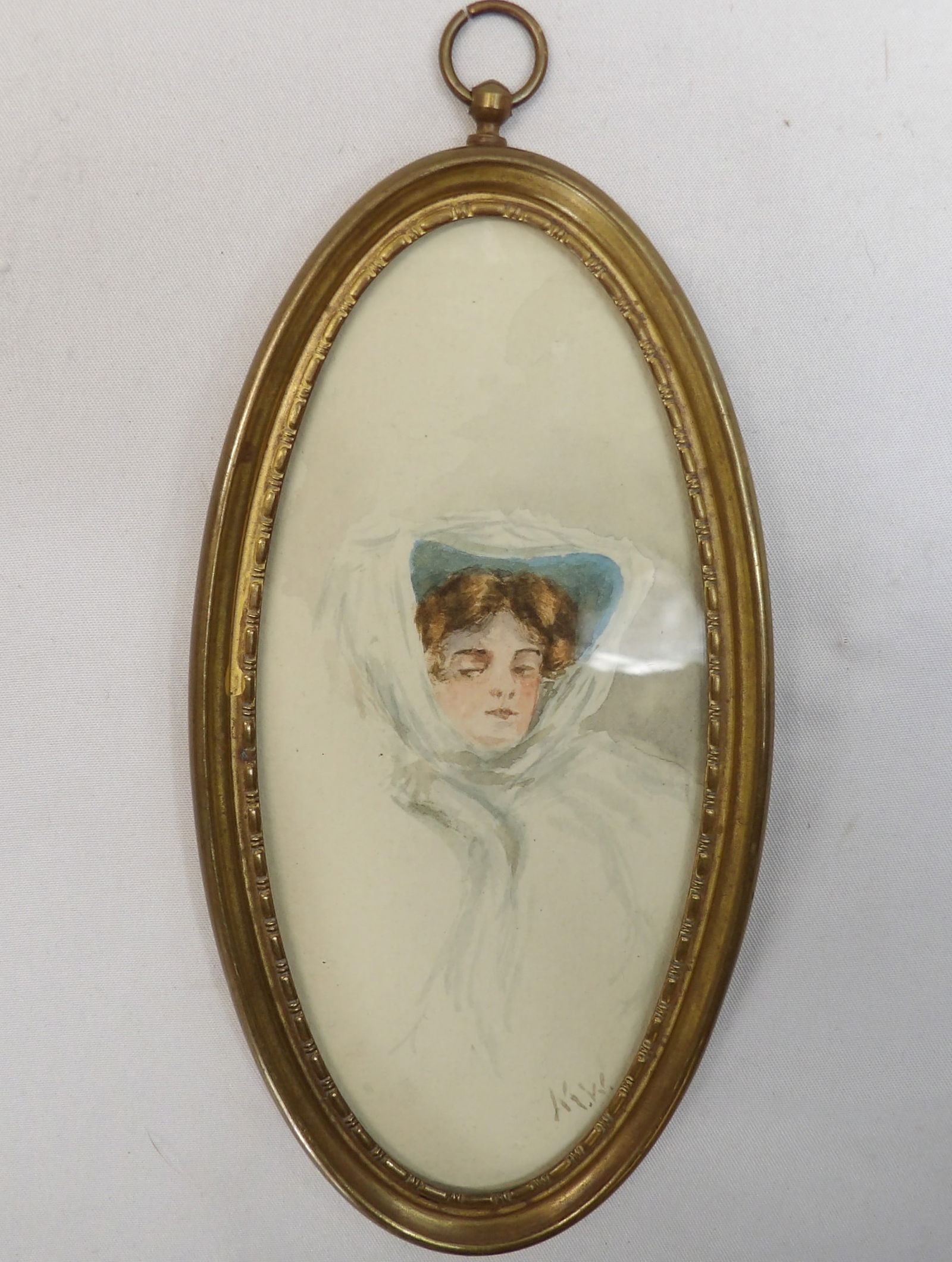 Vintage Signed Gibson Girl Watercolor: approx. 6 x 3 1/8, see photo's