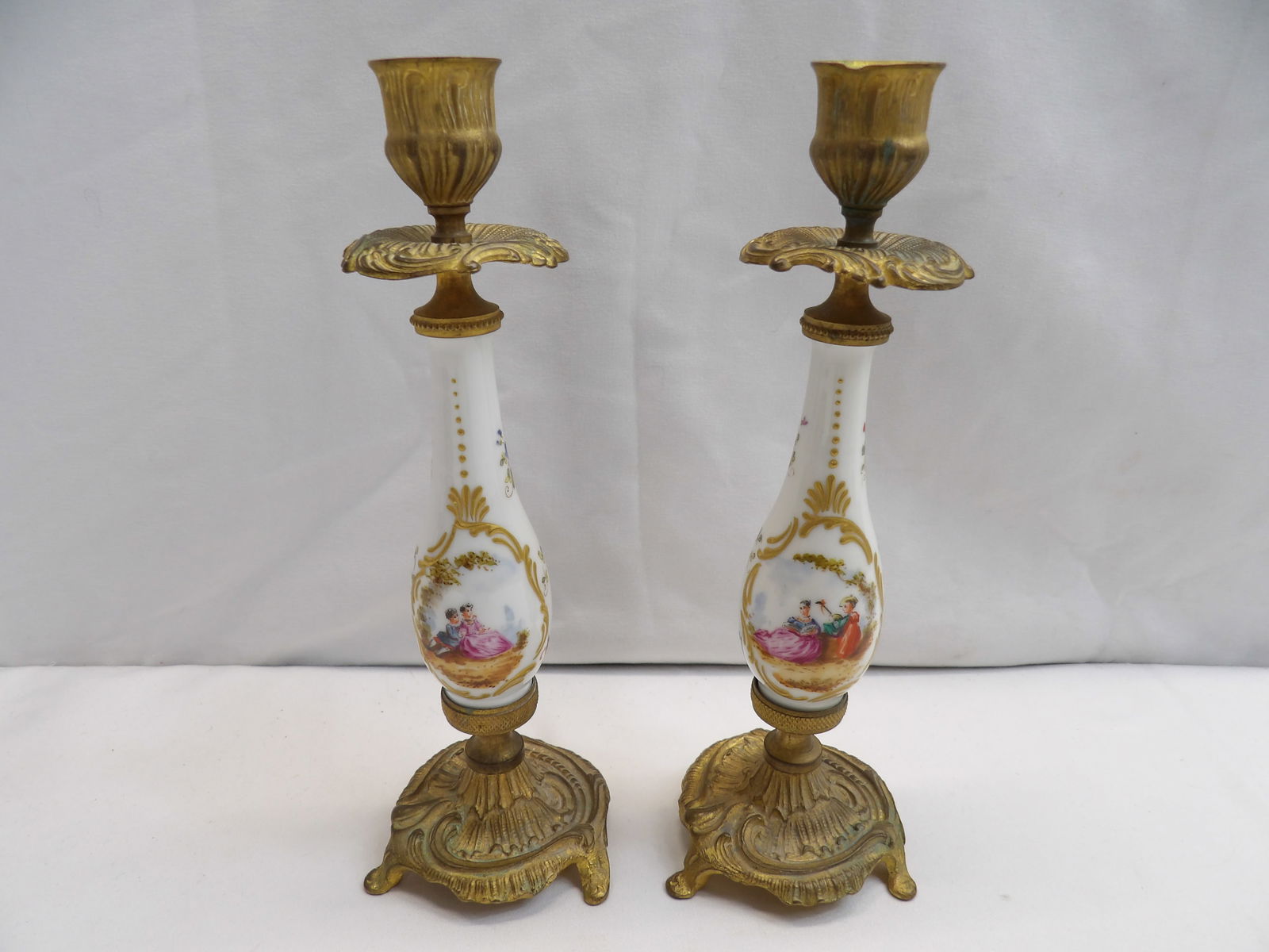 Antique Pair Sevres Porcelain Hand Painted Brass Candlesticks, Signed L. Henry (1 of 8)