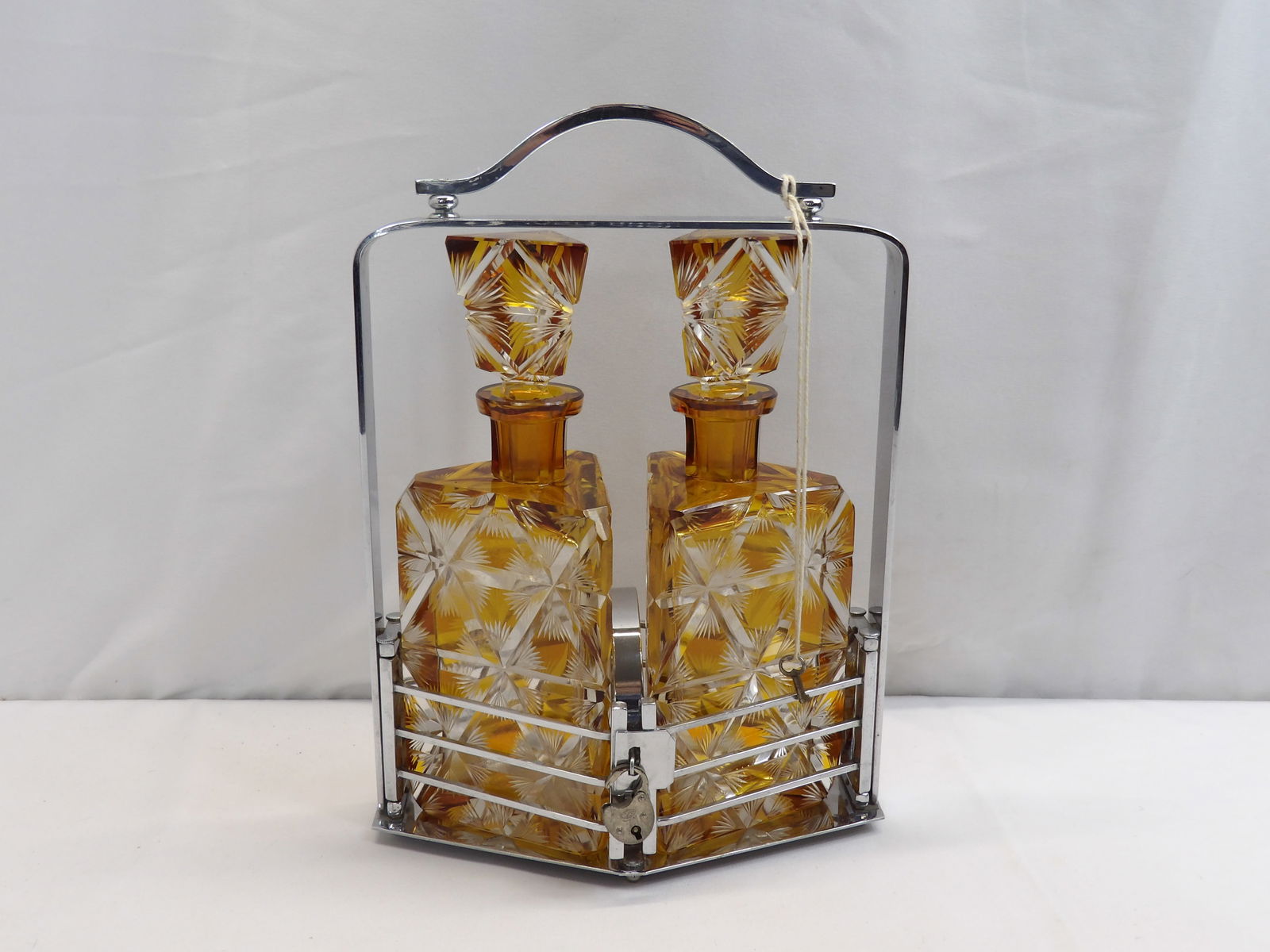 Vintage Signed Czech. Amber Cut to Clear Triangle Decanters in Locking Tantalus (1 of 13)