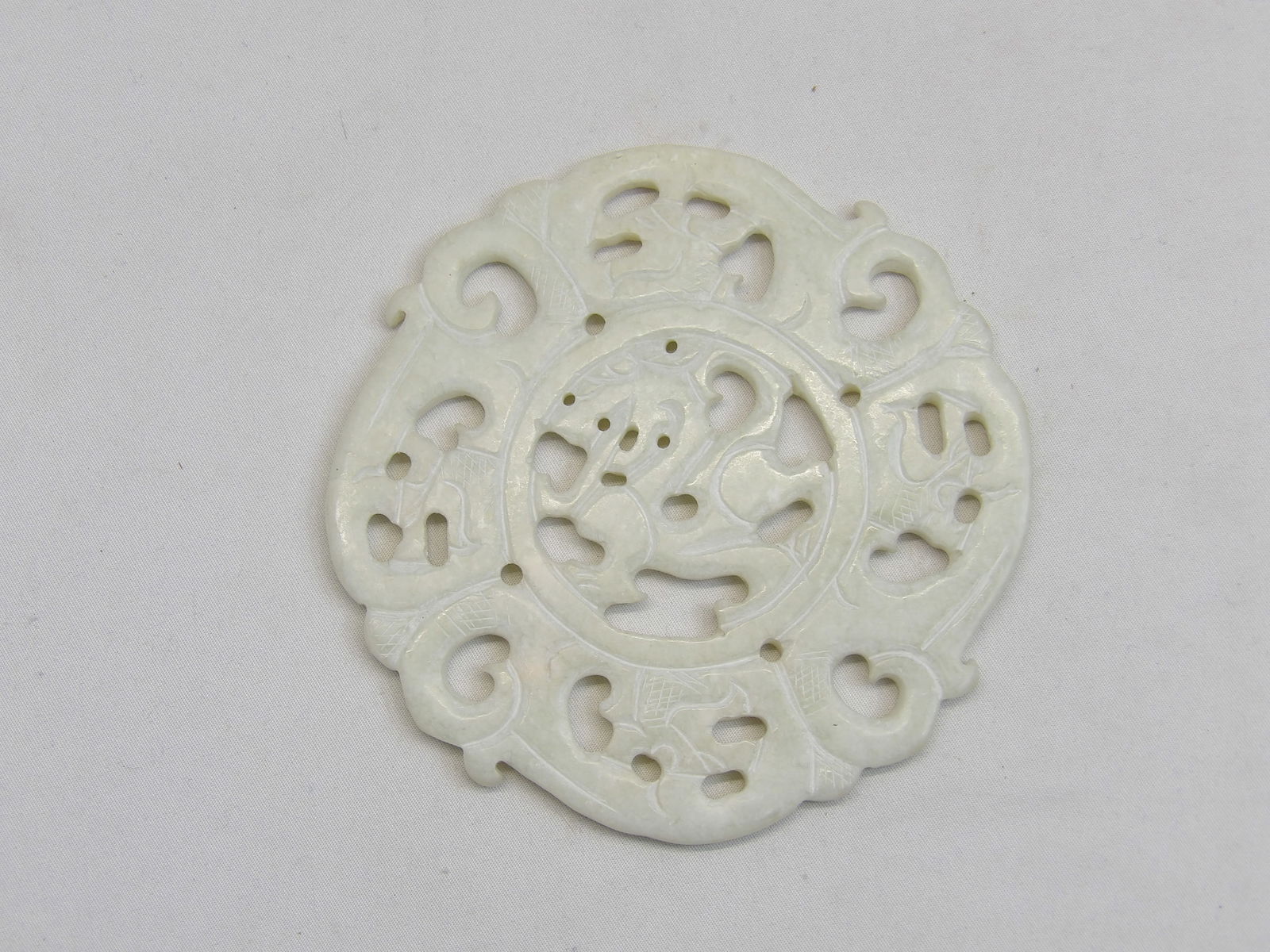 Chinese Hand Carved White Jade BI, Dragon in Center & Birds Around, Double Sided (1 of 2)