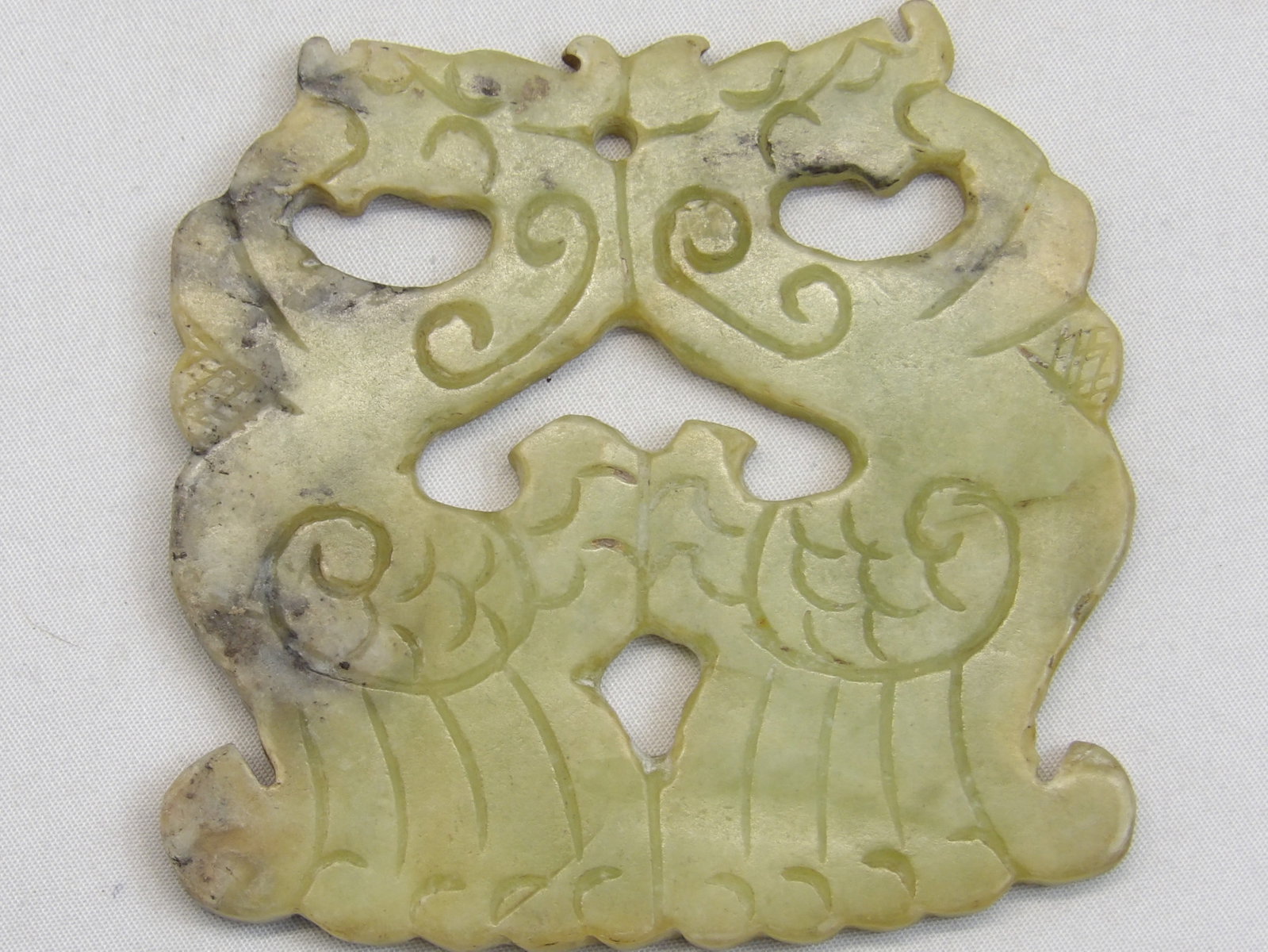 Hand Carved Light Green Chinese Pendant with 2 Sitting Dragons: approx. 3 1/4 inches, see photo's