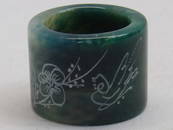 Signed Chinese Hand Carved Dark Green Jade Archers Ring, with Bird & Flower