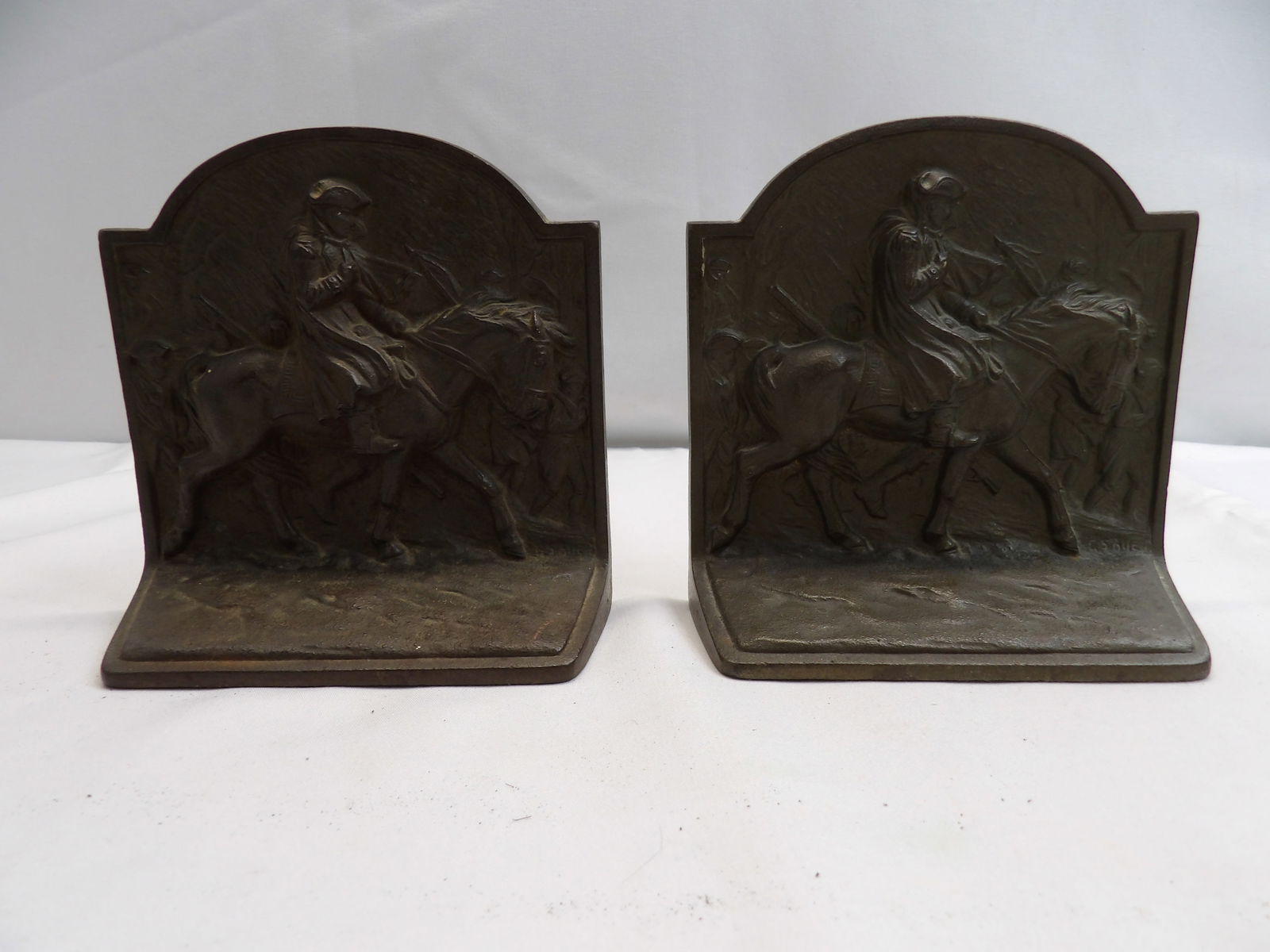 Antique Pair of Bronze Patriot Soldier & Horse Book Ends Marked 234 (1 of 4)