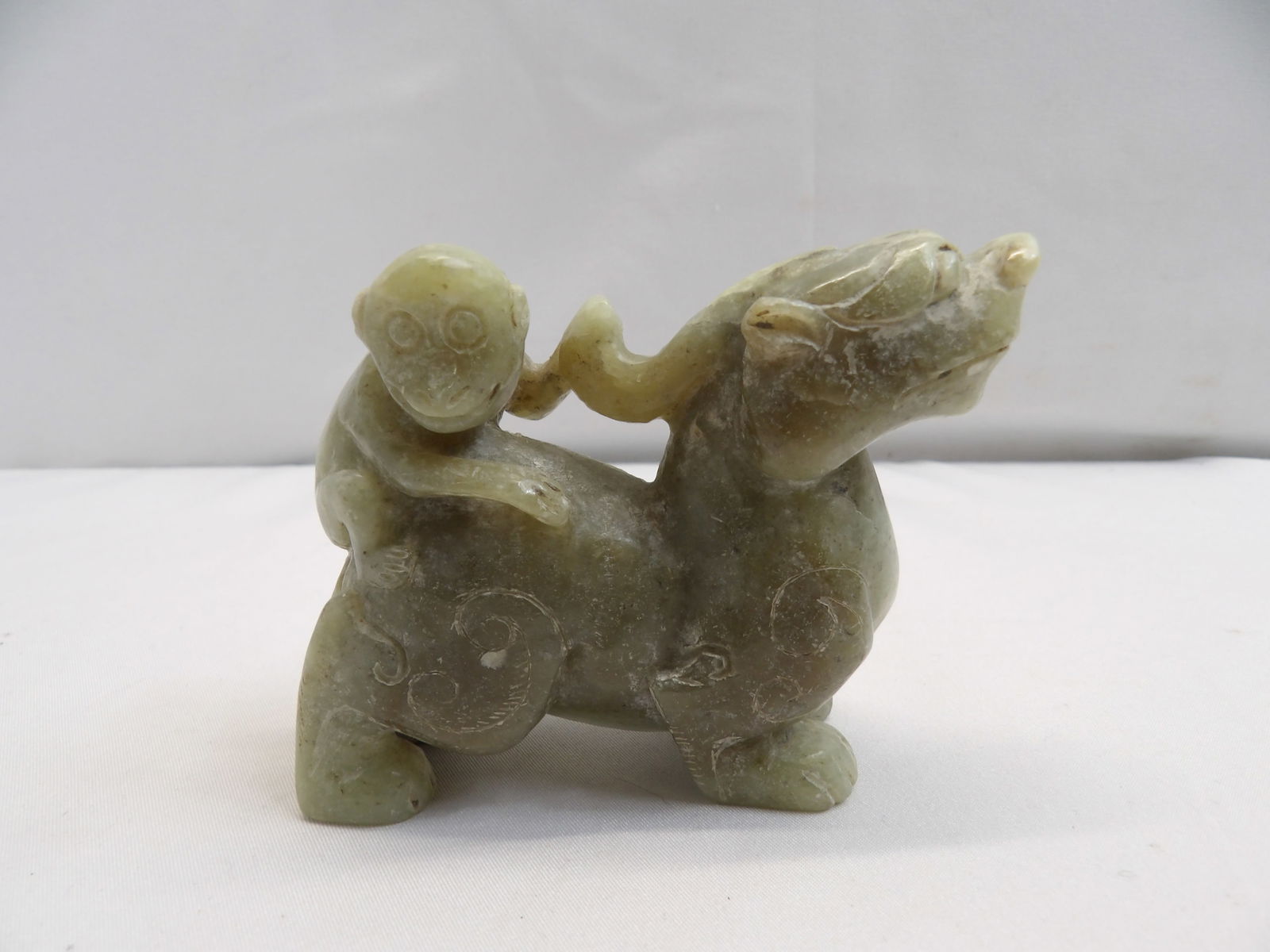 Hand Carved Chinese Light Green Jade Foo Dog with Monkey (1 of 6)