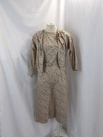 VINTAGE 1960'S BROWN FLORAL COTTON SHEETH DRESS WITH JACKET & BELT