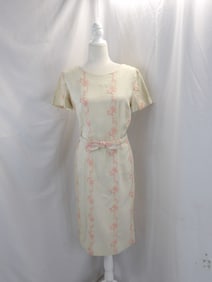 VINTAGE 1960'S BONWIT TELLER HOUSE OF JAMISON TAN LINEN EMBROIDERED SHIFT