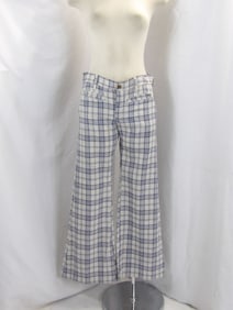 VINTAGE 1970'S CHEAP JEANS BLUE & WHITE PLAID FLARED PANTS