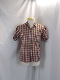VINTAGE 1950'S MEN'S RED TARTAN PLAID SHORT SLEEVED DRESS SHIRT BY REVERE