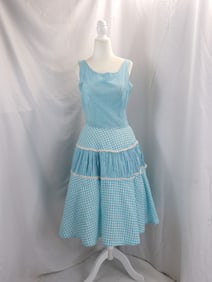 VINTAGE 1950'S BLUE COTTON CHECKERED FLARED SUMMER DRESS