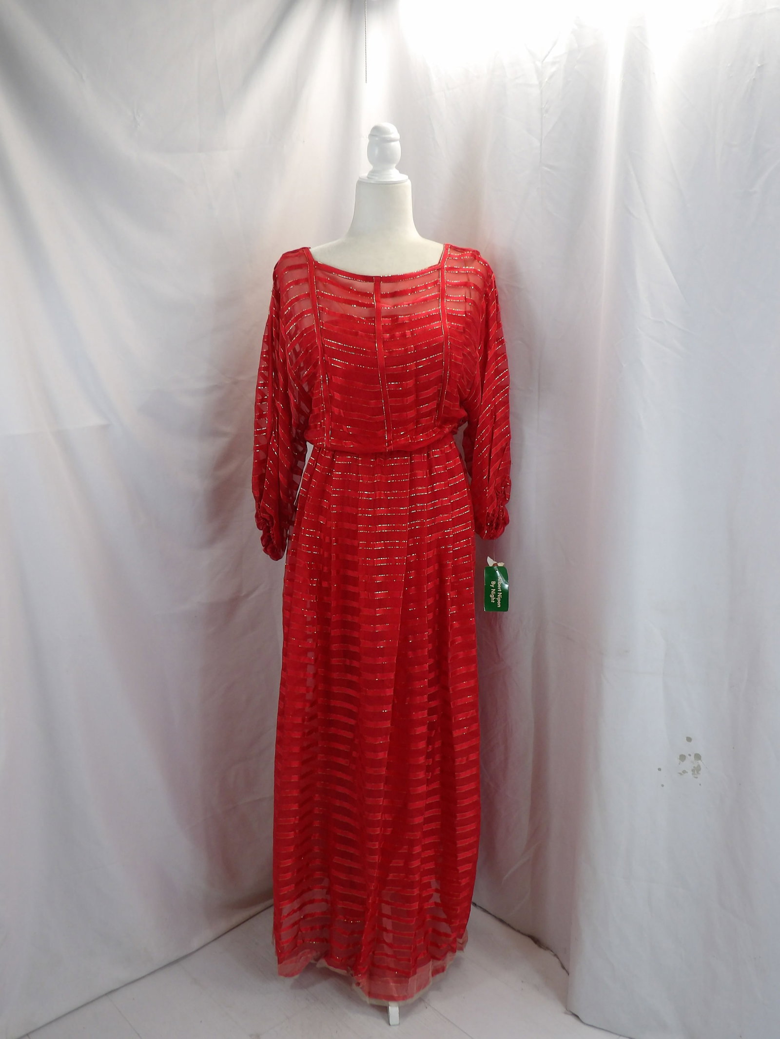 VINTAGE 1960-70'S ALBERT NIPON OLD STORE STOCK RED SLK & SATIN GOWN: APPROX. 34 BUST, 35 WAIST. HEM STILL HAS TAPE AND HAS ORIGINAL TAGS. SEE PHOTOS.