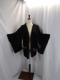 VINTAGE SILK KIMONO HAPPI JACKET WITH PINK EMBROIDERED FLOWERS