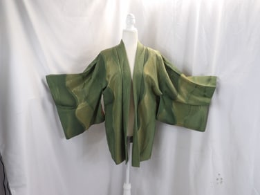 VINTAGE GREEN METALLIC SILK KIMONO HAPPI JACKET