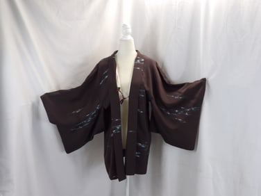 VINTAGE BROWN SILK WITH METALLIC DESIGN KIMONO HAPPI JACKET