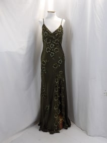 MODERN OLIVE GREEN SATIN & LACE SEQUINED GOWN