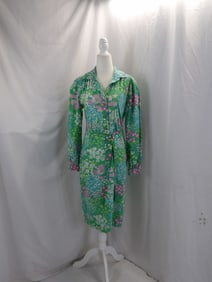 VINTAGE 1970'S PRESTIGE SPORTSWEAR SHIRT DRESS WITH GREEN FLORAL PRINT