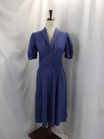 VINTAGE 1970'S BLUE CALICO PRINT SHIRT WAIST DRESS