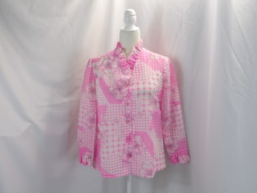VINTAGE 1960'S PINK & WHITE NYLON FLORAL NYLON RUFFLED BLOUSE
