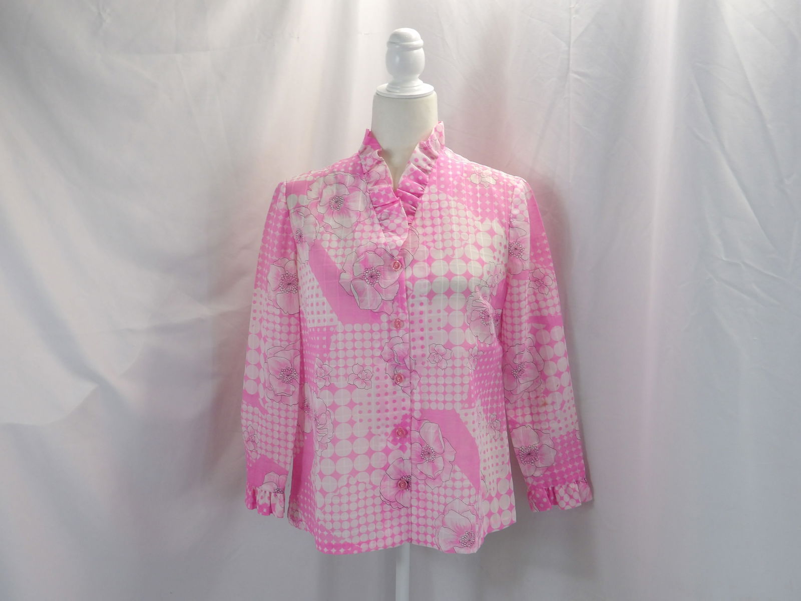 VINTAGE 1960'S PINK & WHITE NYLON FLORAL NYLON RUFFLED BLOUSE (1 of 5)