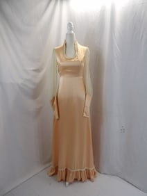 VINTAGE 1970'S GUNNESAX PEACH NYLON & LACE MAXI DRESS