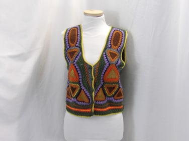 VINTAGE 1970'S KNIT GRANNY SQUARE STILE VEST WITH SUEDE