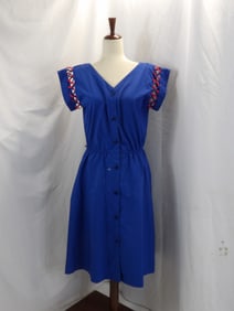 VINTAGE 1970-80'S BLUE COTTON SHIRT DRESS WITH RED & BLUE LATTICE SLEEVES